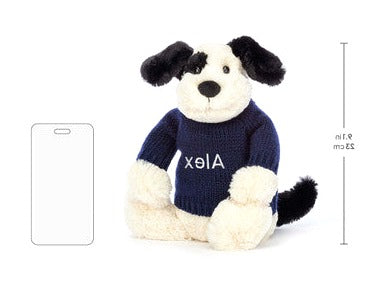 Bashful Black & Cream Puppy with Personalised Navy Jumper