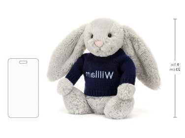 Bashful Silver Bunny with Personalised Navy Jumper