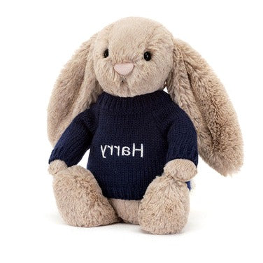 Bashful Beige Bunny with Personalised Navy Jumper