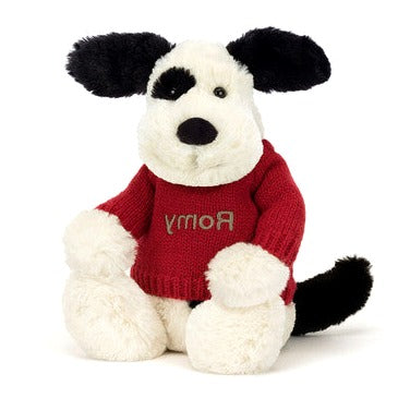 Bashful Black & Cream Puppy with Personalised Red Jumper