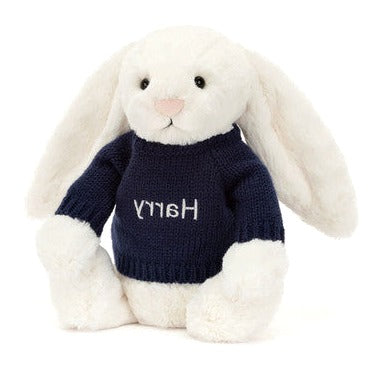 Bashful Cream Bunny with Personalised Navy Jumper