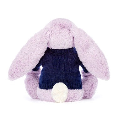 Bashful Lilac Bunny with Personalised Navy Jumper