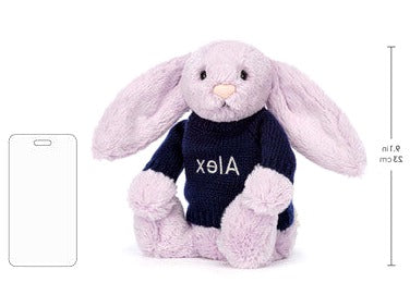 Bashful Lilac Bunny with Personalised Navy Jumper