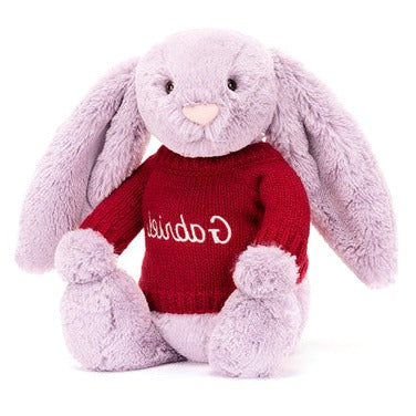 Bashful Lilac Bunny with Personalised Red Jumper