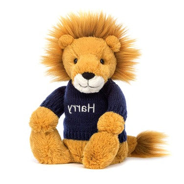 Bashful Lion with Personalised Navy Jumper