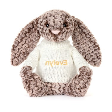 Bashful Luxe Bunny Pine with Personalised Cream Jumper