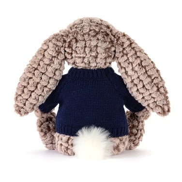 Bashful Luxe Bunny Pine with Personalised Navy Jumper