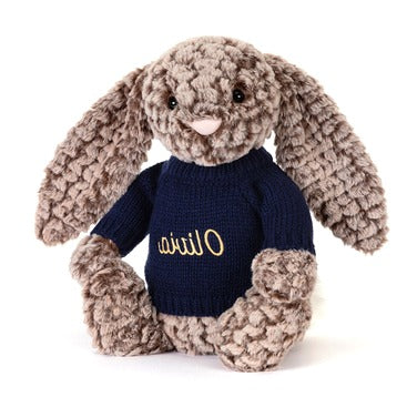 Bashful Luxe Bunny Pine with Personalised Navy Jumper