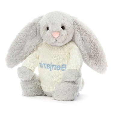 Bashful Silver Bunny with Personalised Cream Jumper