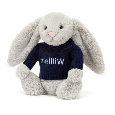 Bashful Silver Bunny with Personalised Navy Jumper