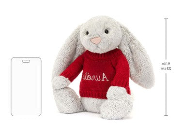 Bashful Silver Bunny with Personalised Red Jumper