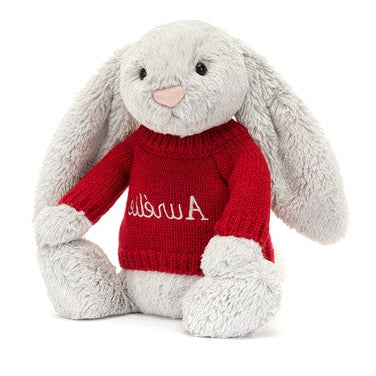 Bashful Silver Bunny with Personalised Red Jumper