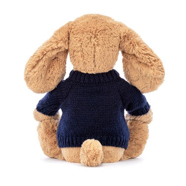 Bashful Toffee Puppy with Personalised Navy Jumper