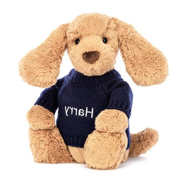 Bashful Toffee Puppy with Personalised Navy Jumper
