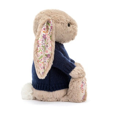 Blossom Beige Bunny 'Petal' with Personalised Navy Jumper