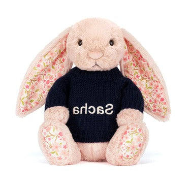 Blossom Blush Bunny 'Cherry' with Personalised Navy Jumper
