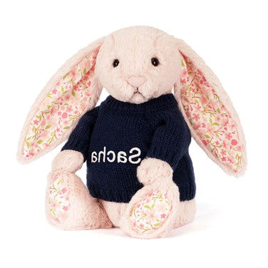 Blossom Blush Bunny 'Cherry' with Personalised Navy Jumper