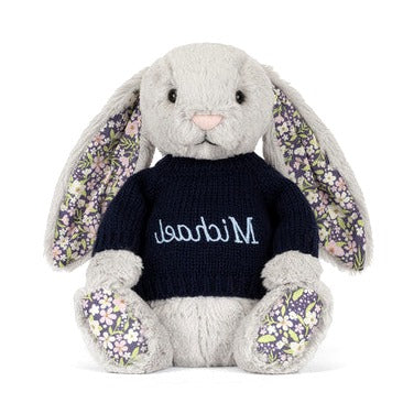 Blossom Silver Bunny 'Bloom' with Personalised Navy Jumper