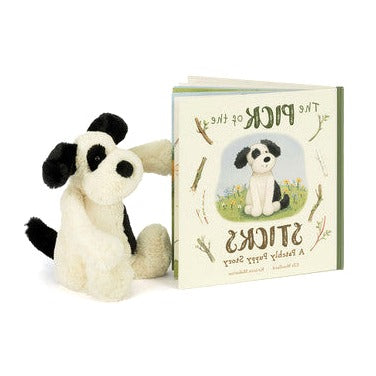 The Pick of the Sticks Book and Bashful Black & Cream Puppy Medium